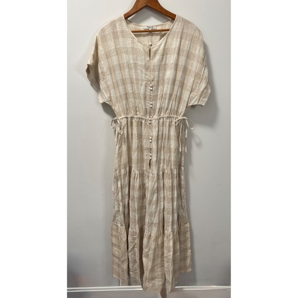 Madewell Button-Front Tiered Maxi Dress Neutral Gingham Linen Blend Oversized S - Picture 3 of 7